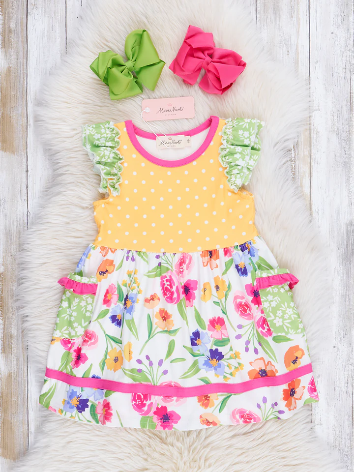 Wildflowers & Yellow Dots Ruffle Dress