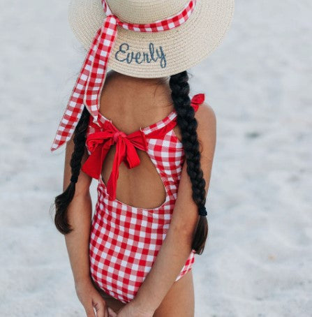 Red Gingham-Girls Bow Back One Piece
