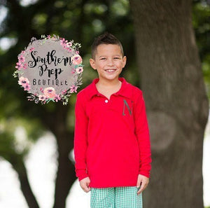 RED Boy's Long Sleeve Monogrammed Polo - Holiday outfit - Monogrammed Shirt - Polo Shirt - Christmas Shirt - Fall Clothing