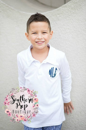 White Boy's Long Sleeve Monogrammed Polo - Holiday outfit - Monogrammed Shirt - Polo Shirt - Christmas Shirt - Fall Clothing